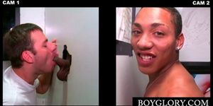 Muscled choco guy taking a gloryhole gay BJ - video 1