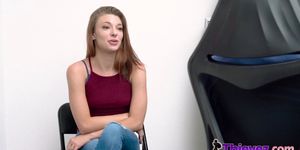 Rebel teen thief is trading a hardcore blowjob for her freedom