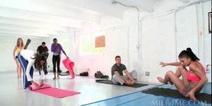 Horny fitness trainer giving hot blowjob after yoga classes