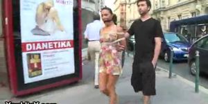 Bound brunette walked in public
