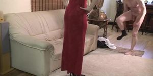 old ballbusting in red dress