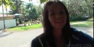 Lusty ex-GF giving a fine blowjob in POV style outdoors