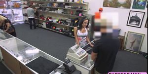 Latina is showing off her big tits in the shop to gets fucked and get huge cash