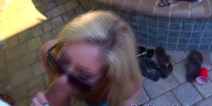 Blonde party skank sucking and riding outdoors