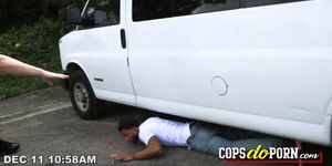 Black dude gets arrested and fucked by two horny cops after looking in the hood for the biggest cock