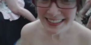 Geeky brunette babe in glasses sucks cock on web cam