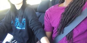 Lesbian gives Friend Handjob in Car