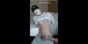Hong Kong slave bound and tape gagged, dick locked, teasing his caged cock