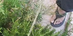 Norwegian Daddy Taking A Long Fat Cock Piss In A Outside Bush In Sandals