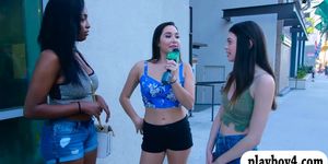 Two pretty girls flashing boobs in public for some cash - video 1