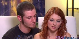 Petite ginger cutie is receiving oral sex from multiple swinger partners