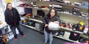 Brunette lesbian sucks and gets fucked in the pawnshop for their freedom