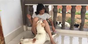 Asian Girl Has Fun With Her Dogs