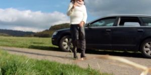 Old smoking Tranny masturbating outside