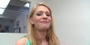 Teen babe jerking cock in the office