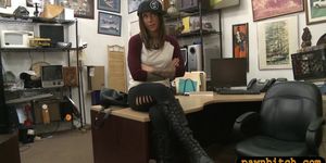 Pretty brunette woman railed by pawn guy in his office - video 1