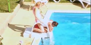 Three chicks secret sexing by the pool