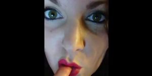 Cute chester bird girl teases red lipstick
