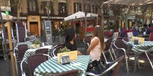 Brunette smoking in public cafe outdoor (Sandra Romain, Camil Core)