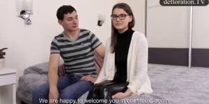 Defloration of Sasha - cute girl makes sex with a guy for the first time