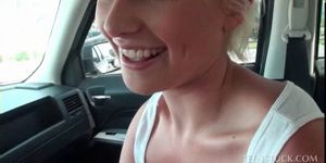 Blonde hitchhiker rubs and eats big cock