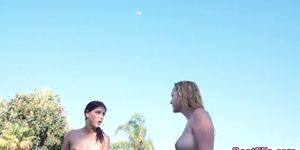 Hunk dude gets huge cock shared by slutty ladies by the pool