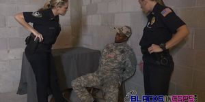 Phony soldier gets his hard cock sucked and taken by milf cops