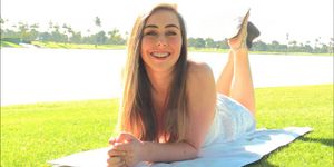 Sweet amateur babe Lacey teasing trimmed cunt at a picnic