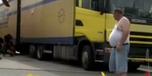 Brunette pussy and mouth fucked in the trucks parking