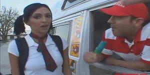 icecream truck teen in knee high white socks get long white cock creampie and eats it out of pussy