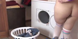 Pov blonde teen sucks in laundry room