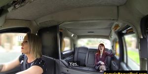 Lesbian cabbie queening her redhead passenger