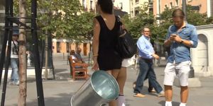 Tied busty brunette disgraced in public