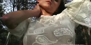 Busty girl anal masturbate and oile her boobs and pussy outdoo
