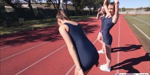 Sexy track runners gets their pussy wet and licked