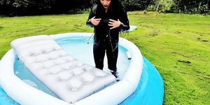 Wet Leather Girl in Pool