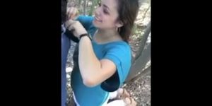 In the woods-guy cums in sexy womens mouth