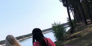 Lesbian teen pussylicking girlfriend outdoors