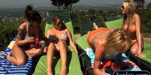Group of bikini babes shared a one cock