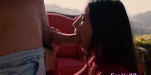 Babe rides lover outdoors and suck