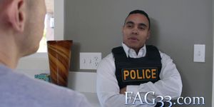 The police officer fucked his ass hard in his own kitchen