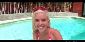 Blonde cutie eating giant cock in the pool