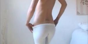 Tall teen in white leggings teasing