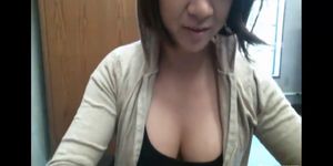 Busty asian student squirting in public library