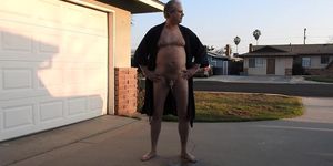 A robed daddy, opens his robe, exposes his penis and pees in front of the neighbors. Chancey!!!