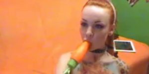 MissFetish - tattooed redhead bunny using carrot deep in ass