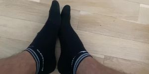 Shy guy shows his hairly sporty legs and elegant feet in socks
