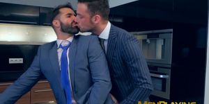 MEN PLAYING - Elevator sex for a pair of businessmen in expensive suits