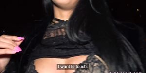 Latina flshing big tits in bra in public