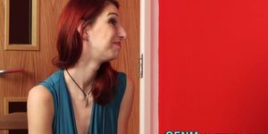 Clothed redhead takes cum - video 1